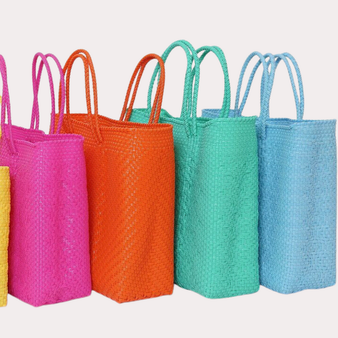 "Celebrate Earth Day and Support Small Businesses with Our Eco-Friendly Recycled Plastic Totes in Fun Colors and Patterns! 🌍🌿🛍️"